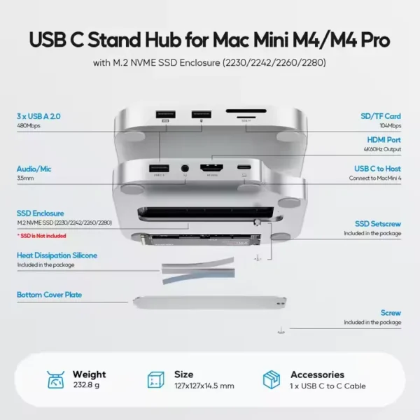 PULWTOP Mac mini M4/M4 Pro Hub Stand Dock with External Storage Upgrade M.2 SSD Enclosure(SSD NOT Included) - Image 3