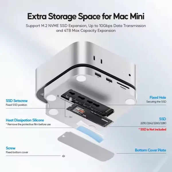 PULWTOP Mac mini M4/M4 Pro Hub Stand Dock with External Storage Upgrade M.2 SSD Enclosure(SSD NOT Included) - Image 2